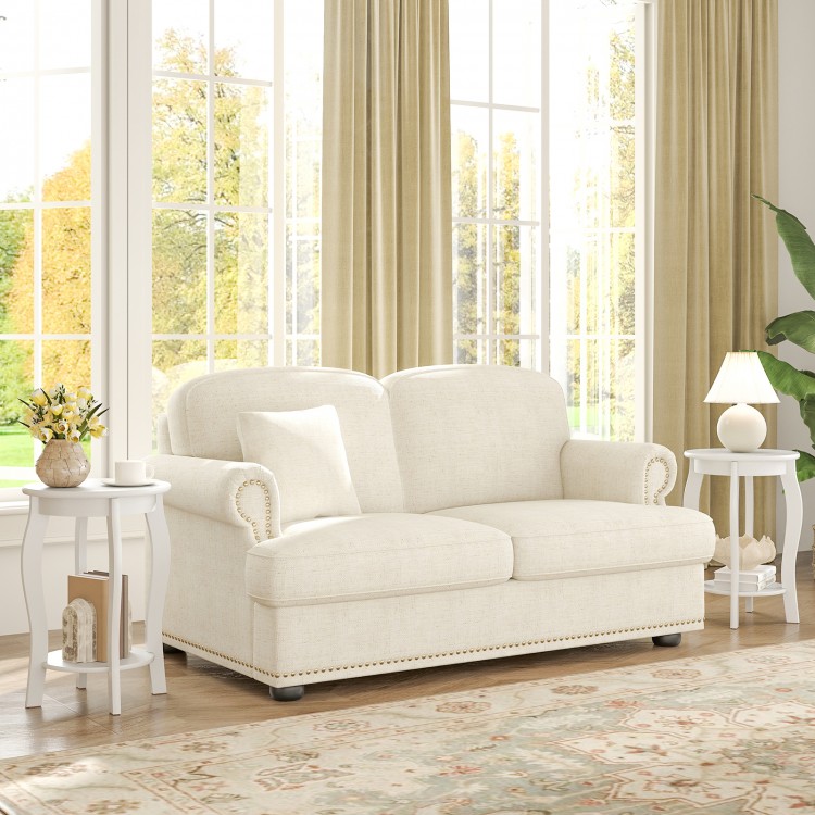 15-inch round end table with storage shelf, white, featuring rubber wood legs and a rustic design for living room charm.
