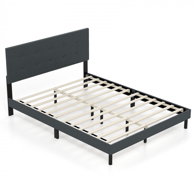 Queen size upholstered bed frame in dark gray with tufted headboard, wooden slats, and rubber wood legs for stability.