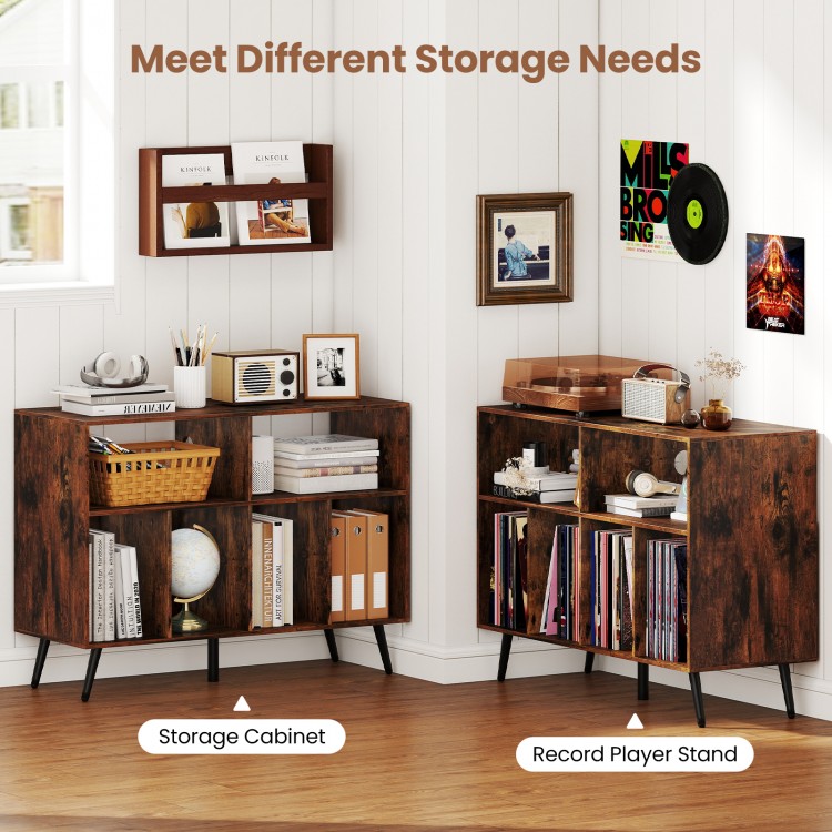 Record player stand in rustic brown with open shelves, AC outlets, and ample storage for vinyl records and devices.