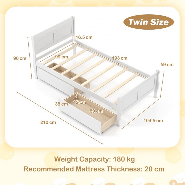Twin size sleigh bed frame in white with two storage drawers, featuring a sturdy wooden structure and elegant design.