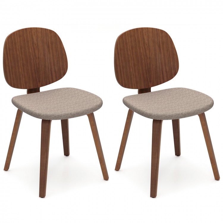 Set of 2 wooden dining chairs with walnut bentwood frames and padded chenille seats for modern dining areas.