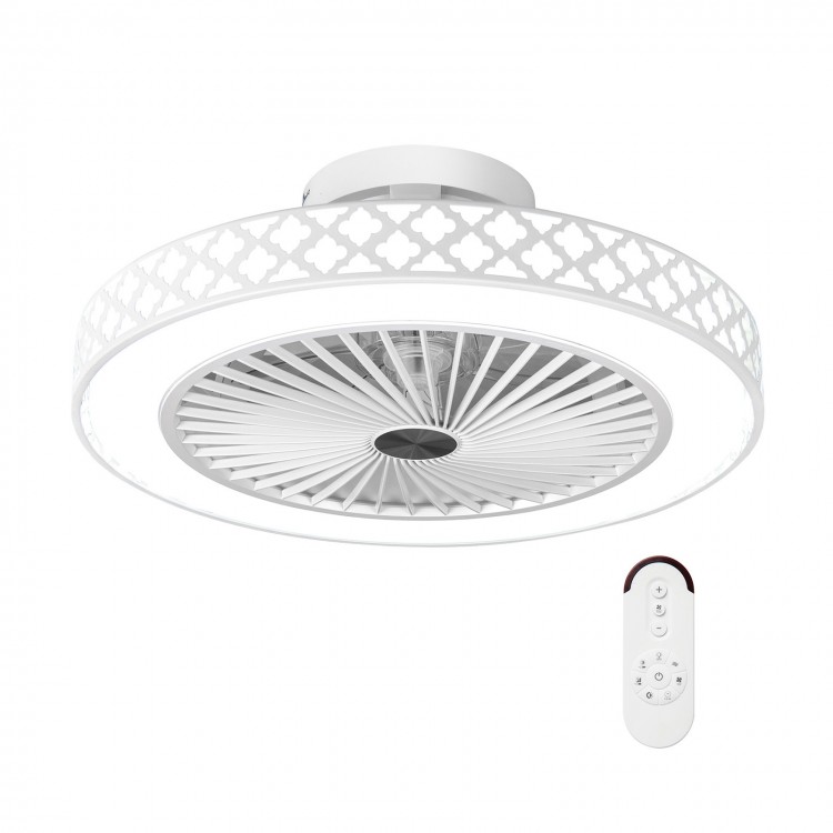 19-inch white ceiling fan with light, remote control, and low-profile design for rooms up to 215 sq.ft.