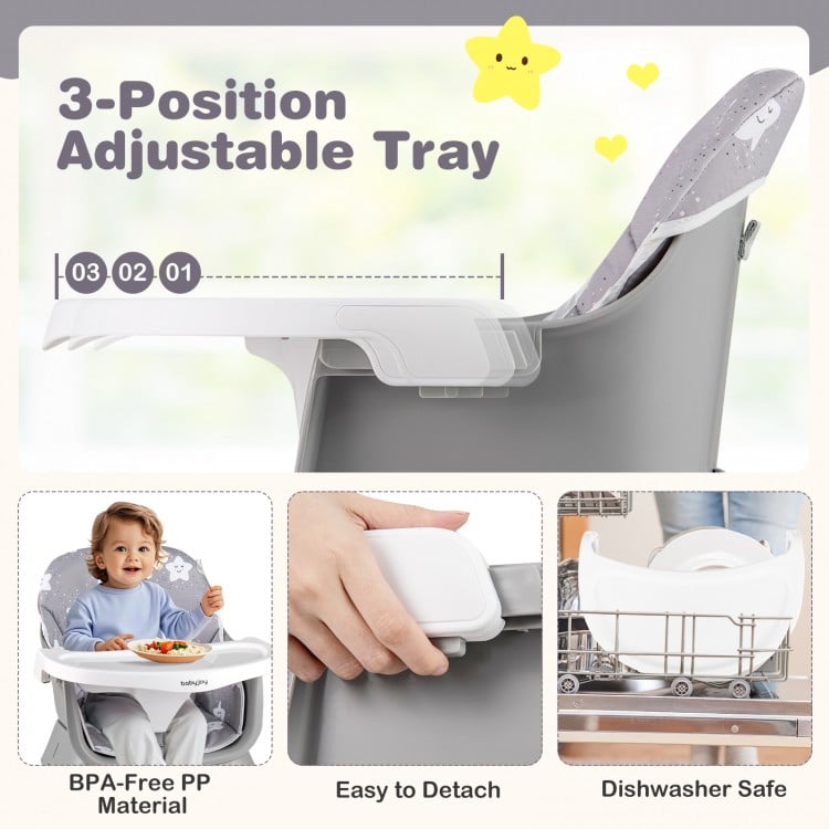 Adjustable tray of the 16-in-1 Baby High Chair, made of BPA-free PP material, easy to detach and dishwasher safe.