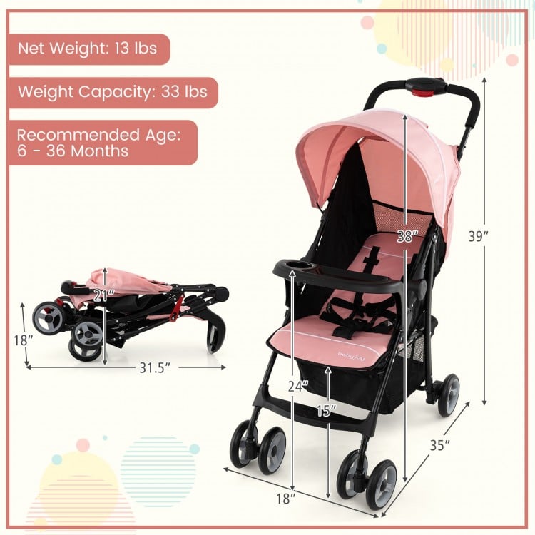 Toddler travel stroller in pink with adjustable backrest, foldable design, and safety harness for convenient use.