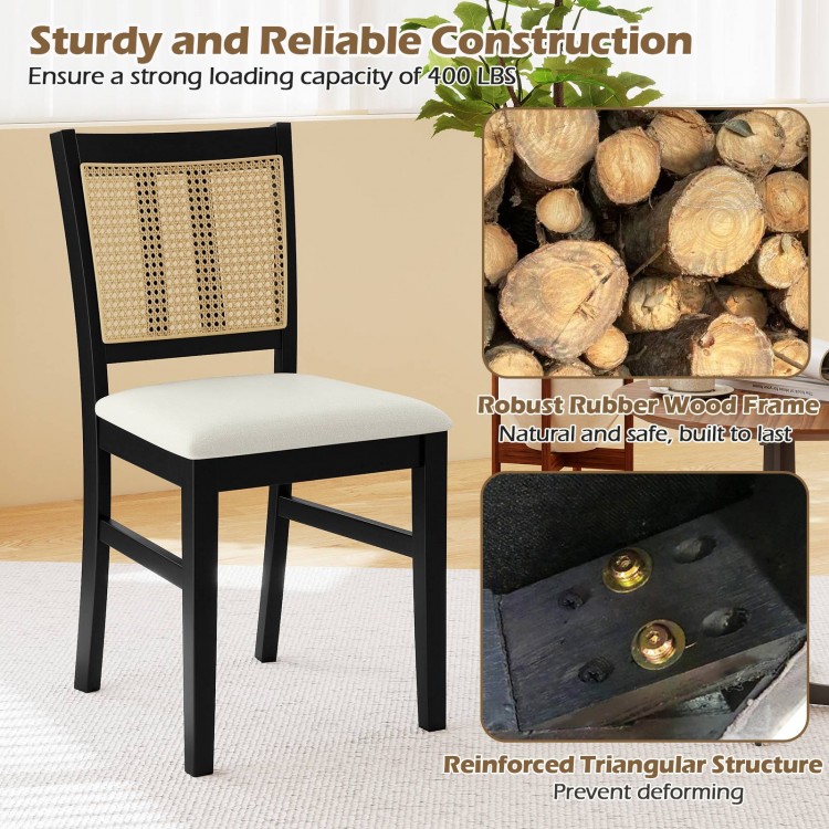 Farmhouse rattan dining chair with rubber wood legs, cane back, and padded seat, perfect for dining rooms or.
