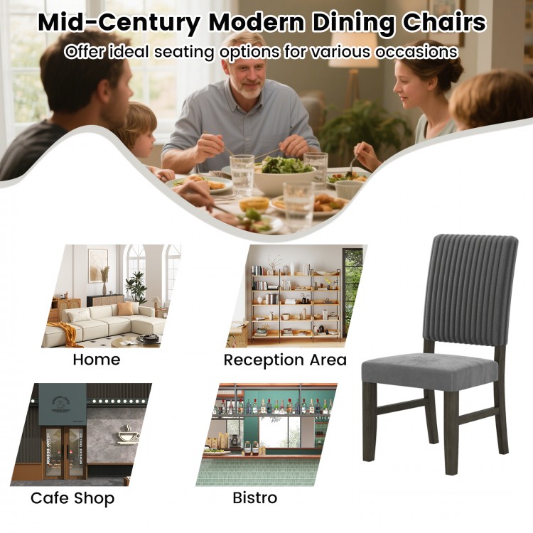 Mid-century modern dining chair in grey velvet fabric with rubber wood frame, ideal for home or bistro seating.