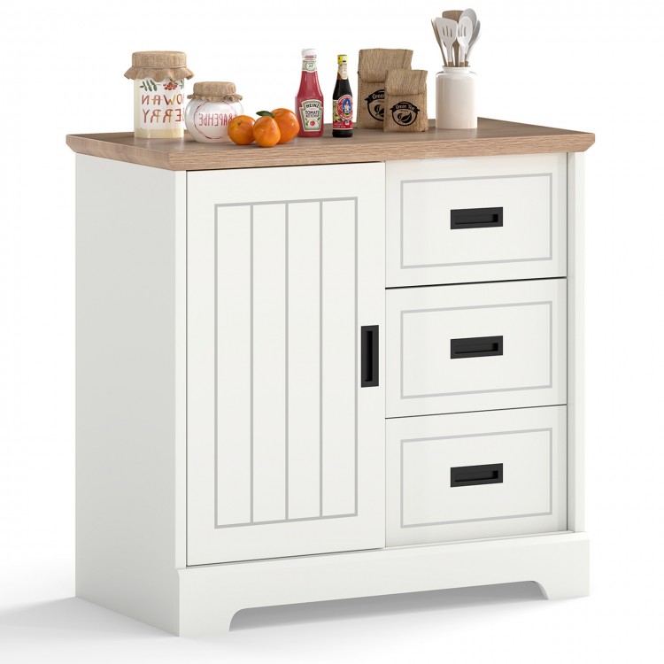 Farmhouse sideboard buffet cabinet in white with sliding doors, featuring three drawers for organized dining supplies.