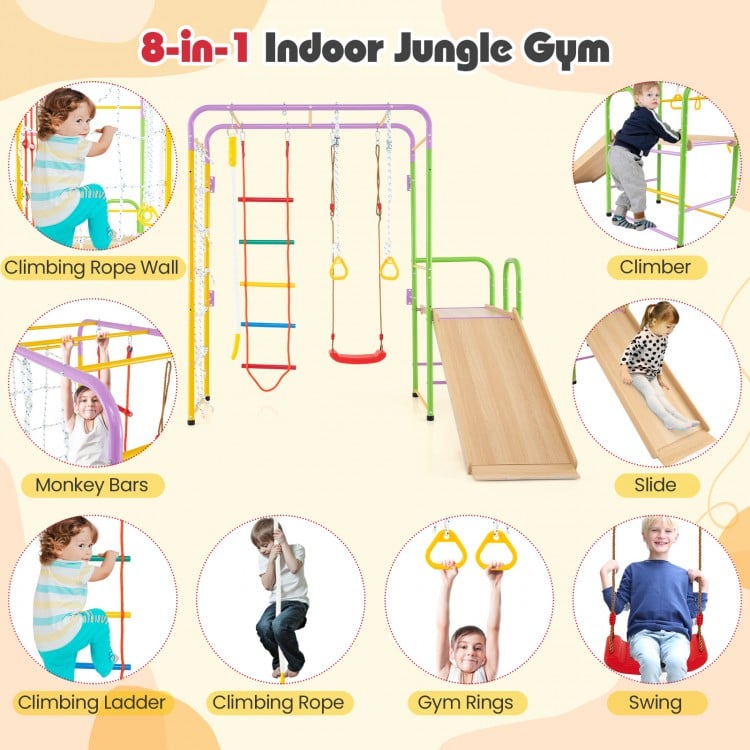 Multicolor 8-in-1 indoor jungle gym with monkey bars, slide, and climbing features for children over 3 years old.