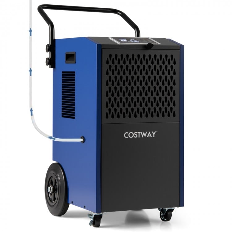 Commercial dehumidifier in blue with pump, designed for large spaces up to 7000 sq.ft, featuring adjustable humidity.