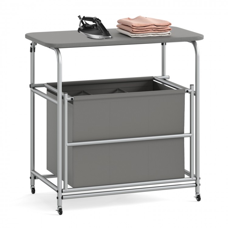 3-section laundry sorter with foldable ironing board, gray oxford fabric, and lockable wheels for easy organization.