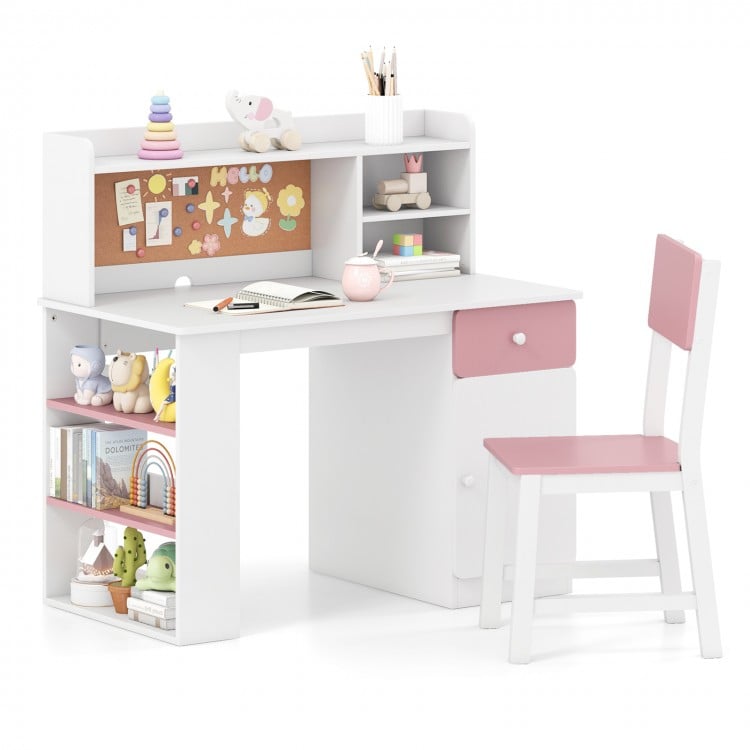 Kids desk and chair set in pink with hutch, cork board, and 3-layer shelf, perfect for study and play in children's.