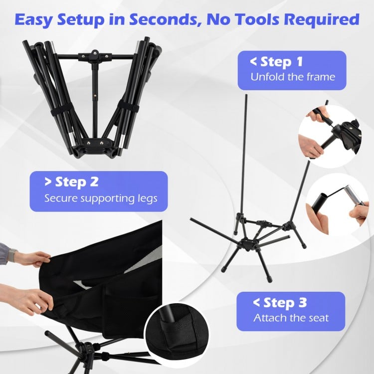 High back portable camping chair setup steps, featuring a lightweight aluminum frame and durable 600D oxford fabric for.