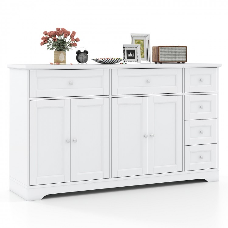 Modern white buffet sideboard with spacious countertop, 6 drawers, and 2 cabinets for organized storage in any room.