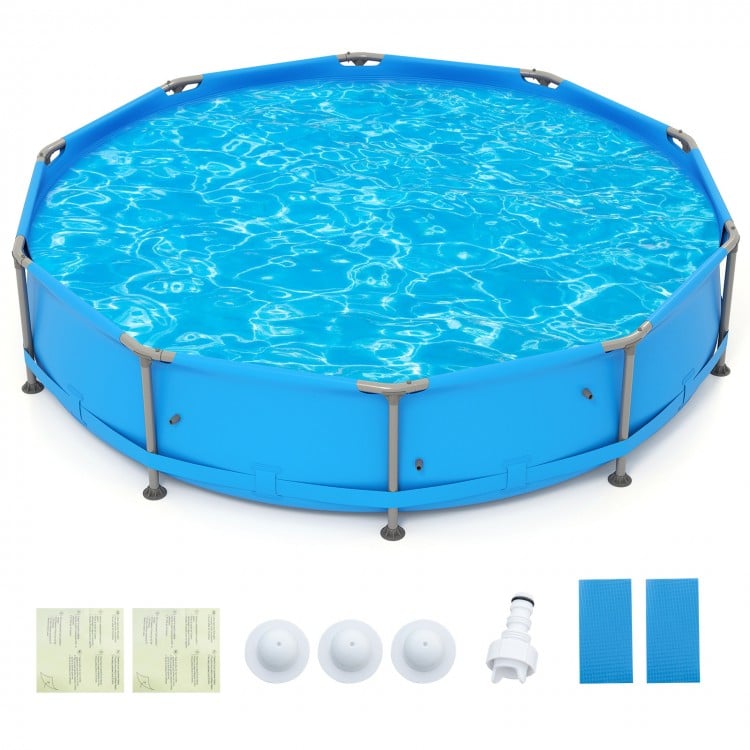 12 ft outdoor family swimming pool with metal frame, durable triple-layer PVC, ideal for backyard fun.