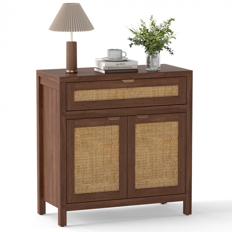 Sideboard storage cabinet in brown with rattan doors, large drawer, and adjustable shelf for versatile organization.