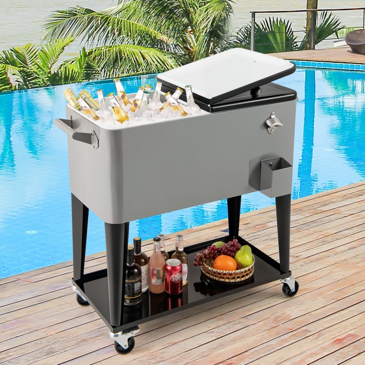 Portable patio cooler in gray with 80-quart capacity, bottom storage shelf, and bottle opener for outdoor gatherings.