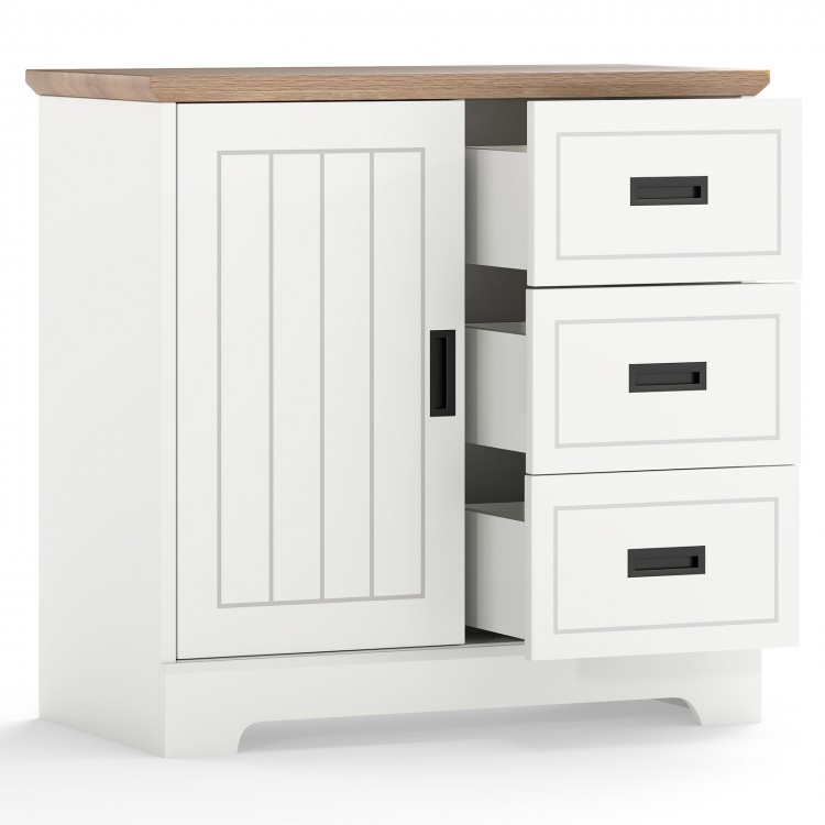 Farmhouse sideboard buffet cabinet in white with sliding doors and three drawers, ideal for kitchen or dining room.