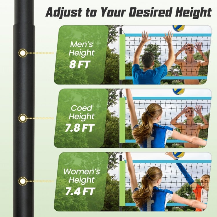 Adjustable volleyball net set showing height options for men's, women's, and coed play, perfect for outdoor games.