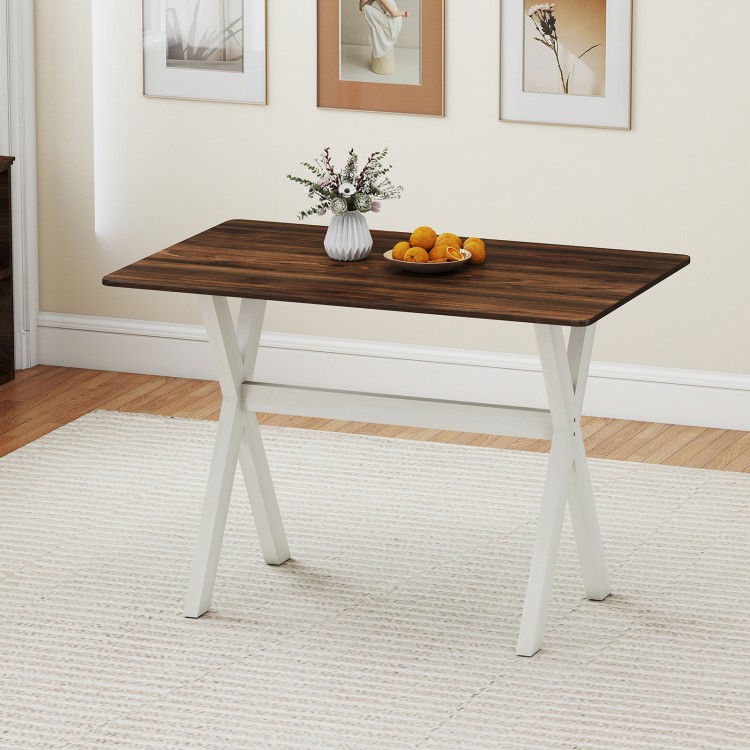 Modern dining table with a spacious wood grain surface and X-shaped white frame, ideal for kitchens and living rooms.