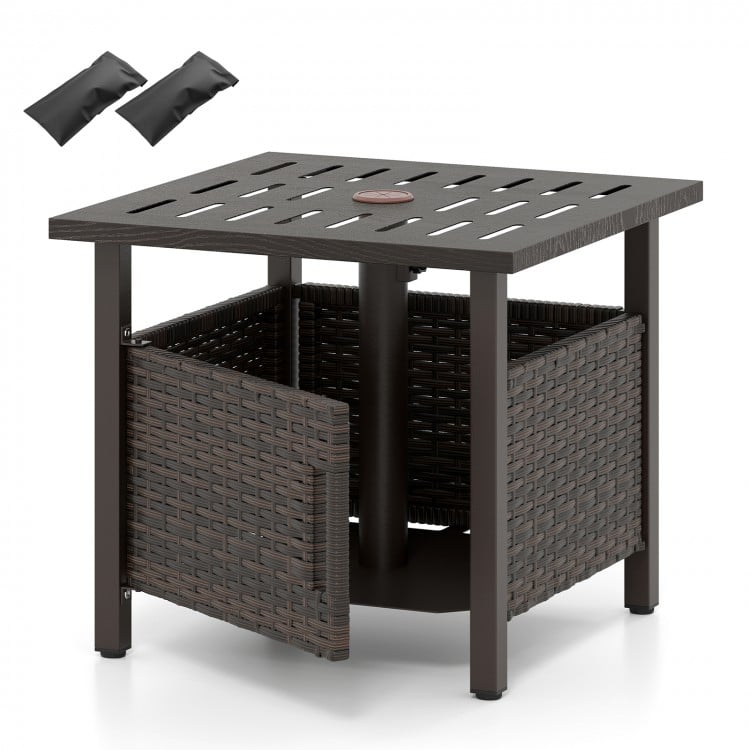 Brown outdoor side table with 1.93" umbrella hole, made of weather-resistant PE wicker, ideal for patio and garden use.