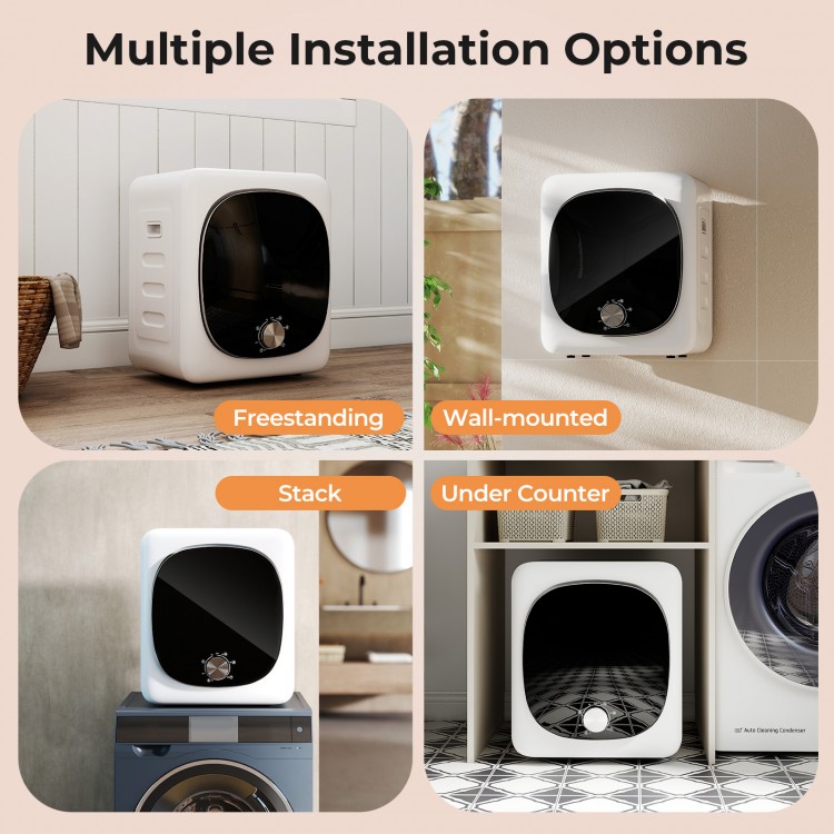 Portable clothes dryer shown in freestanding and wall-mounted options, featuring a stainless steel tub and multiple.