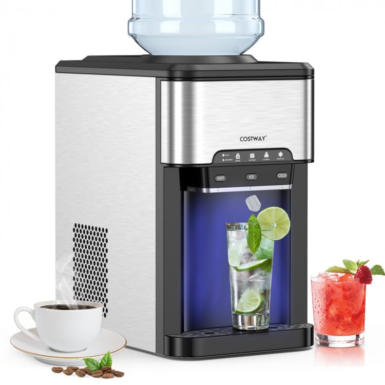 Ice maker with built-in water cooler dispenser, producing bullet-style ice cubes for instant drink cooling and.
