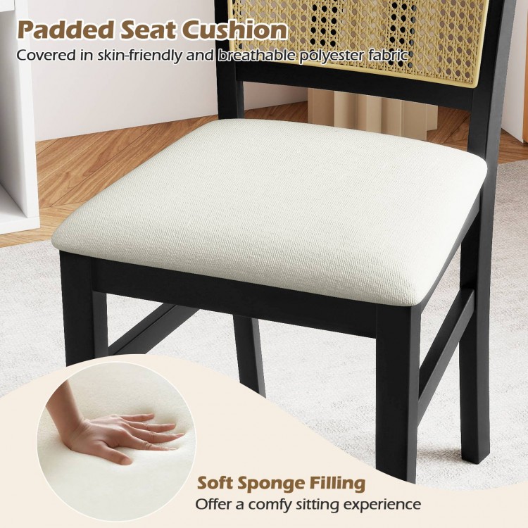 Padded seat cushion of Farmhouse Rattan Dining Chair, featuring soft sponge filling and breathable polyester fabric for.