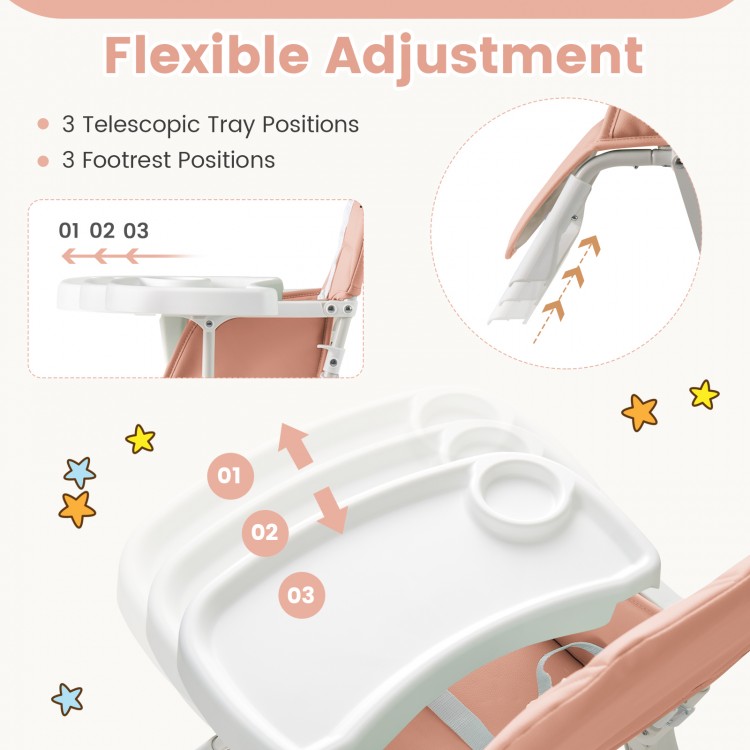 Adjustable food tray with three positions on the Easy Clean Compact Highchair in pink, designed for convenience and.