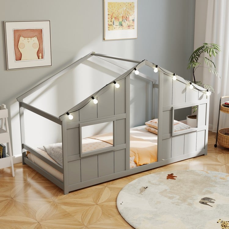 Twin size house bed in grey with LED lights and open windows, perfect for kids' independent sleep and play.