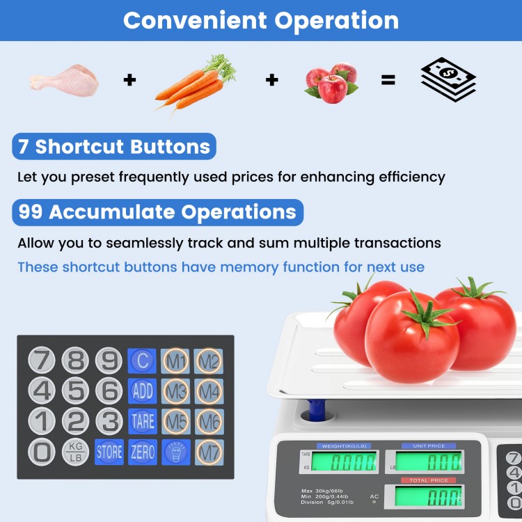 66lb price computing scale with dual LCD displays, shortcut buttons, and stainless steel platform for efficient food.