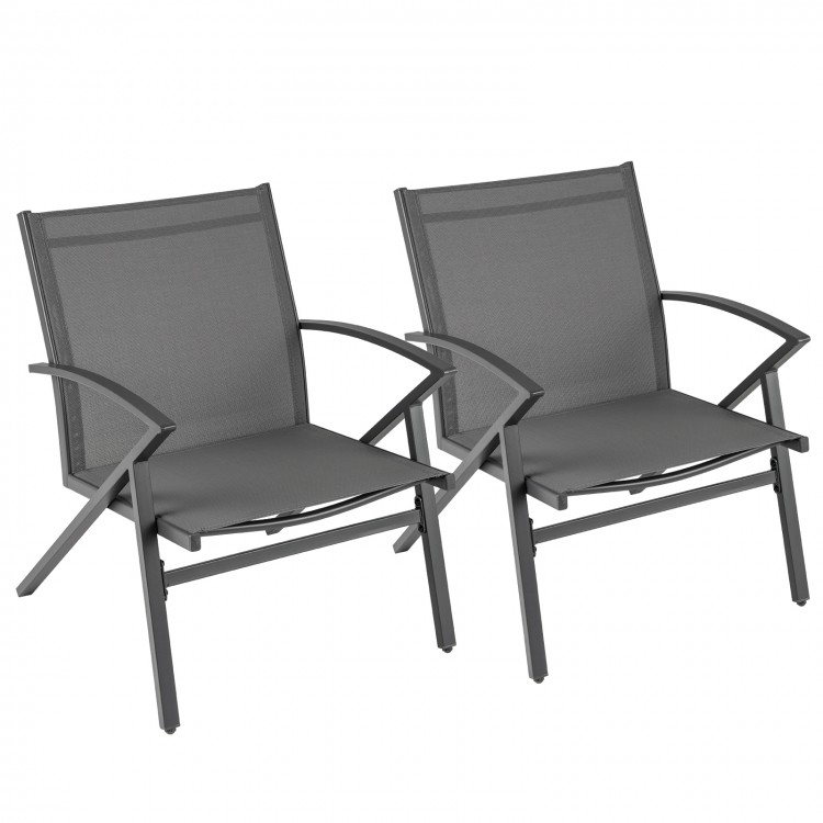 Set of 2 grey patio chairs with heavy-duty metal frame, contoured backrests, ideal for outdoor relaxation.