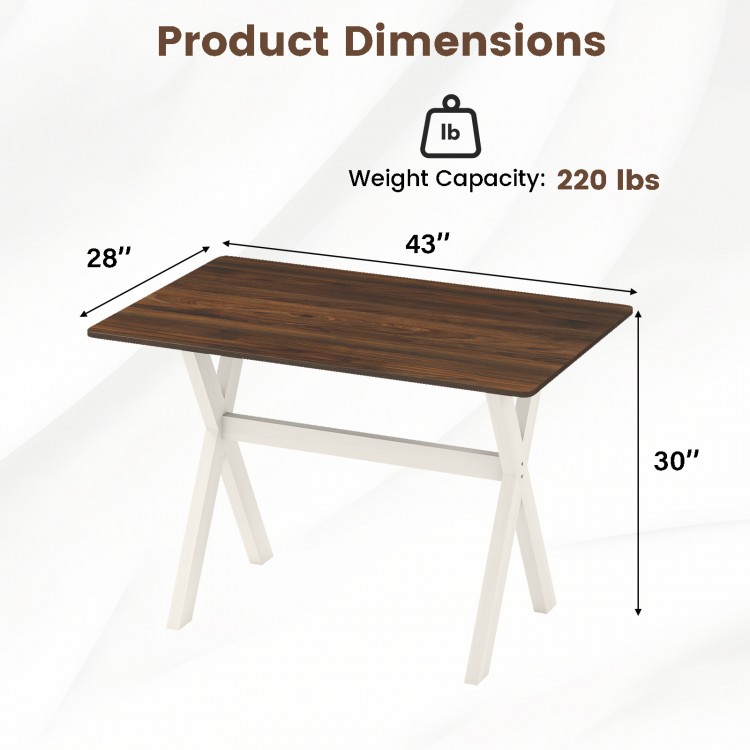 Modern dining table with X-shaped frame, 43" x 28" dimensions, sturdy rubber wood, supports 220 lbs for versatile use.