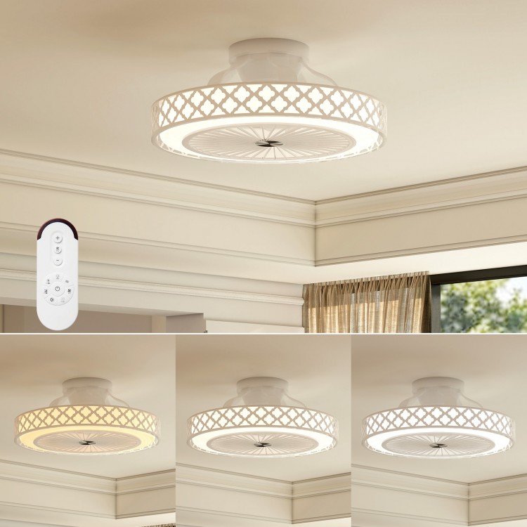 19-inch white ceiling fan with light, featuring adjustable brightness, remote control, and low-profile design for rooms.