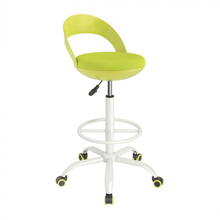 Drafting stool with green upholstery, adjustable height, and rolling wheels, ideal for standing desks and creative.