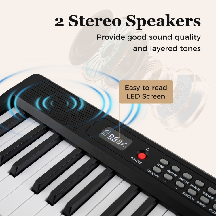 88-key foldable electric piano keyboard in black with dual stereo speakers and easy-to-read LED screen for portable.