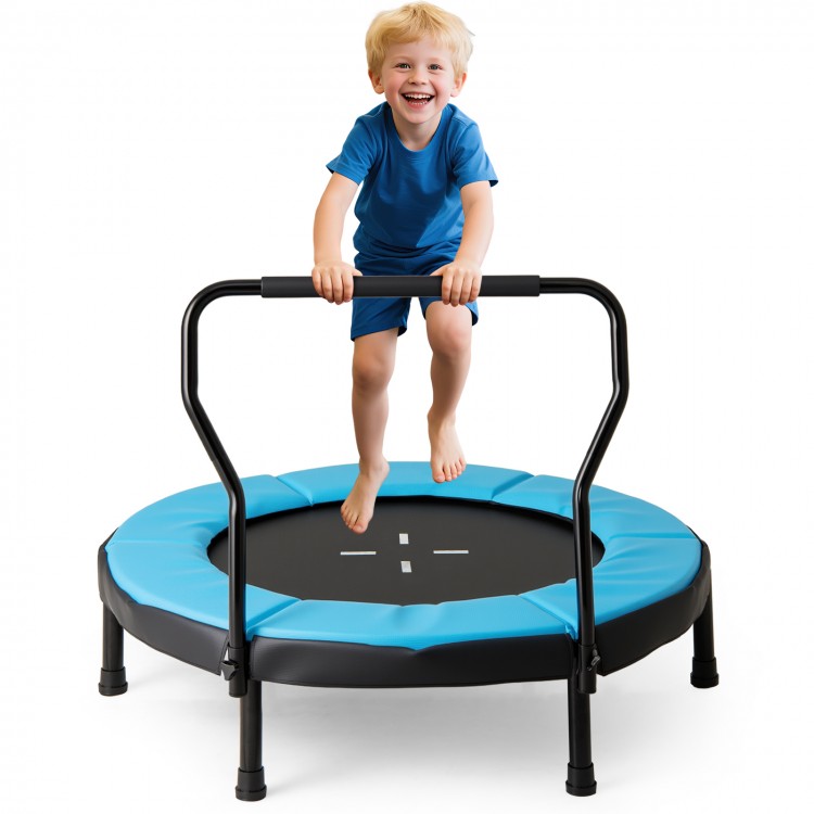40-inch blue trampoline for kids featuring a padded edge and foam handle, ideal for indoor and outdoor play.