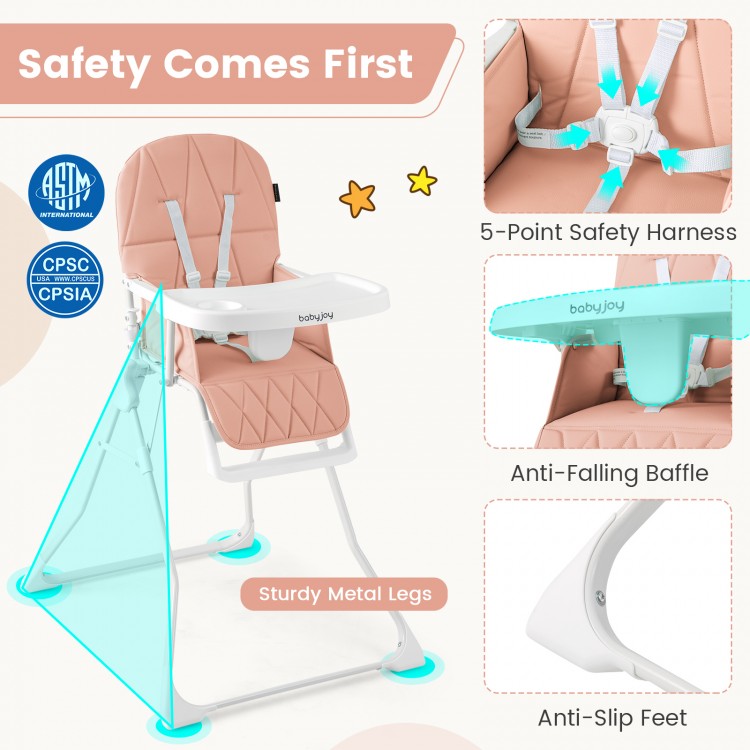 Easy Clean Compact Highchair in pink with adjustable tray, safety harness, and sturdy metal legs for secure seating.