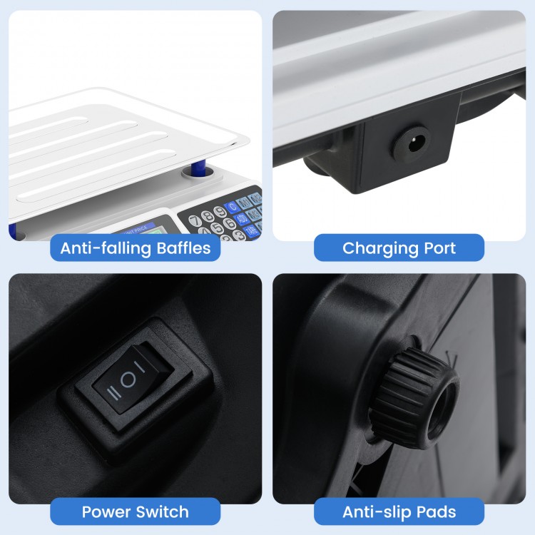 Close-up of the charging port and power switch on the 66lb price computing scale for easy operation in food settings.