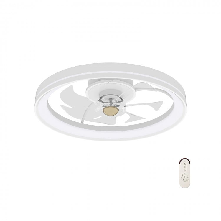 Detail shot of the 19-inch ceiling fan's remote control and holder, featuring timer settings and memory function for.