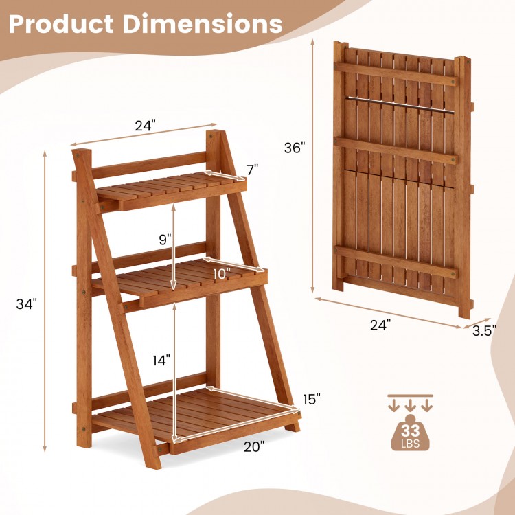 Foldable 3-tier solid wood plant stand with slatted shelves, ideal for patio or balcony, measures 24" x 36" x 20".