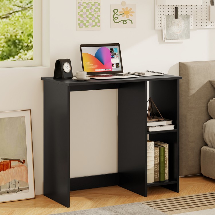 Modern black home office desk with 2 compartments, featuring sturdy design and space-saving style for efficient.