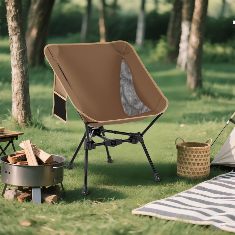 Portable camping chair in coffee color with mesh fabric and side pocket, perfect for outdoor activities and easy.