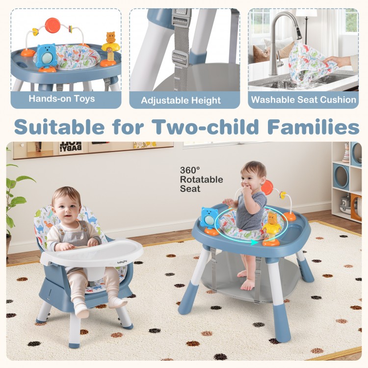 16-in-1 baby high chair with activity center, adjustable height, and 360° rotating seat for two-child families.