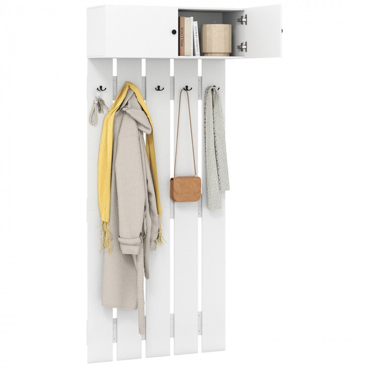 Wall-mounted coat rack in white with upper storage and five metal hooks, ideal for entryways and compact spaces.