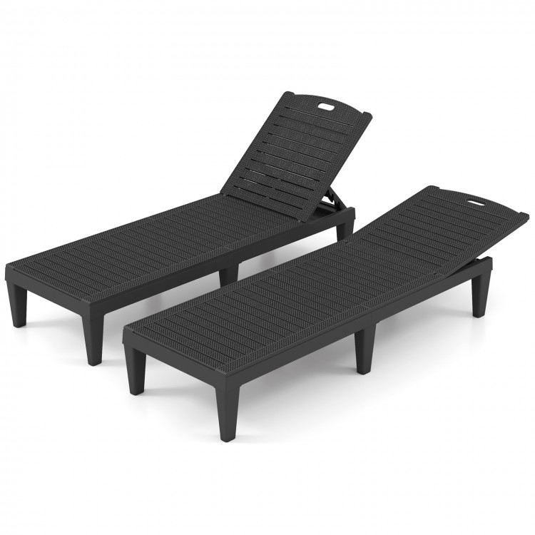 Set of 2 black outdoor PP chaise lounge chairs with 4-position adjustable backrests, ideal for poolside relaxation.