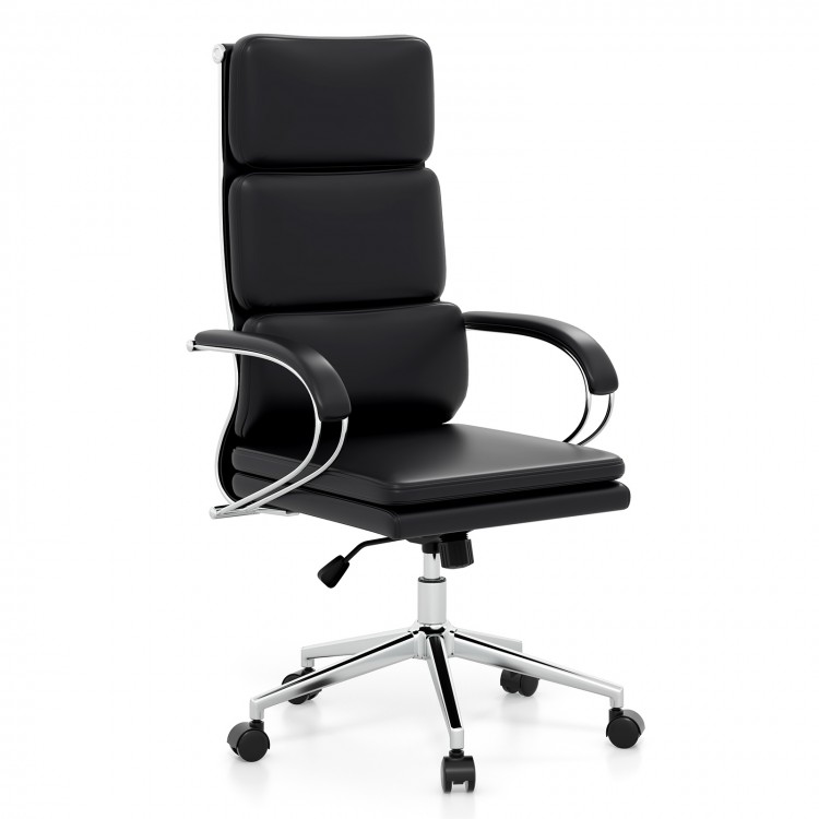 Black ergonomic leather office chair with adjustable height, lumbar support, and rocking function for versatile comfort.