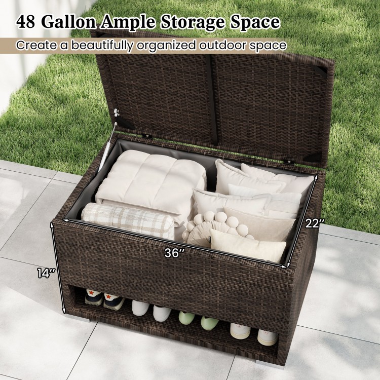 PE rattan storage bin with waterproof liner, featuring 48-gallon capacity and shoe rack, ideal for patio organization.