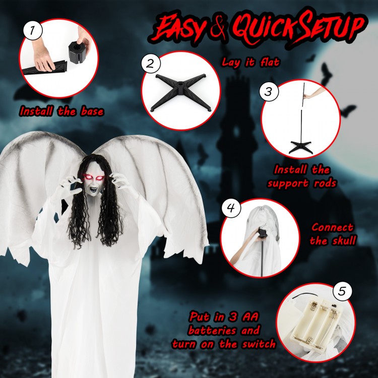 6.6 feet Halloween animatronic angel with light-up eyes, flapping wings, and poseable arms for indoor or covered.