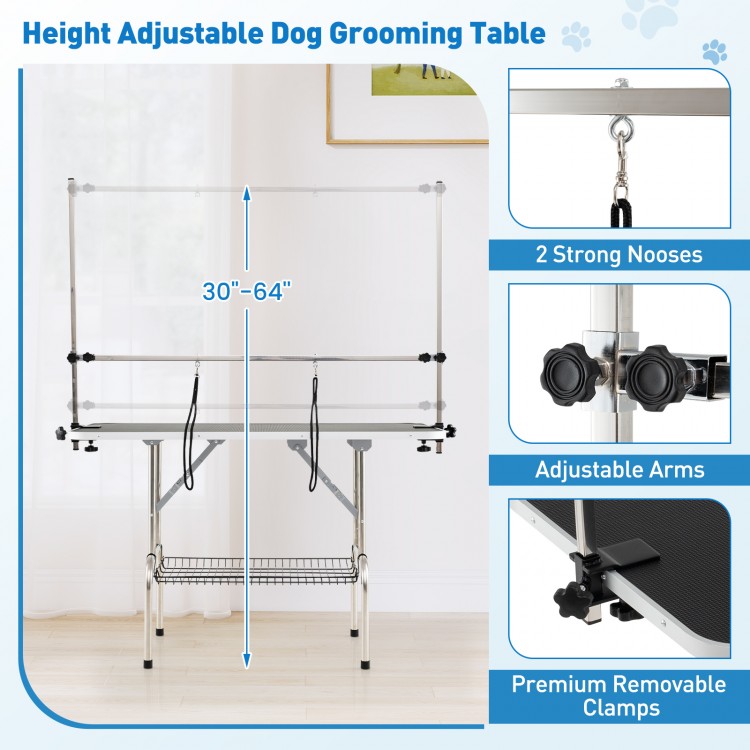 Foldable dog grooming table with height adjustable arms, sturdy H-shaped frame, and non-slip waterproof tabletop for.