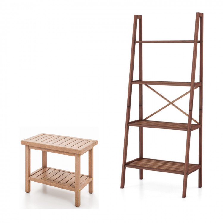 Teak utility bench and bamboo ladder shelf set, perfect for laundry supplies and space-saving storage solutions.